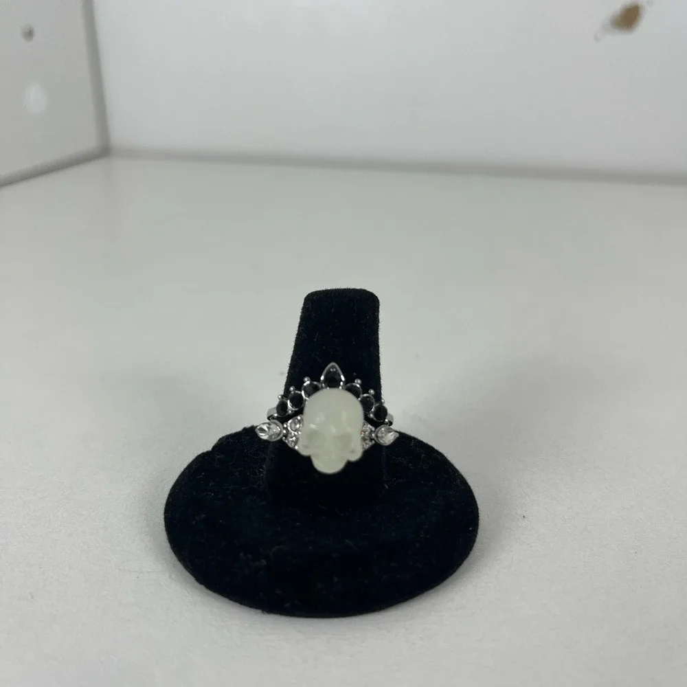 Silver Tone White Skull Ring Black Crystal Crown Gothic Statement Jewelry‎